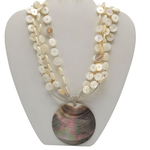 Estate Jewelry - Mother Of Pearl Shell Necklace With Beaded Button Shape Accents Round Pendant